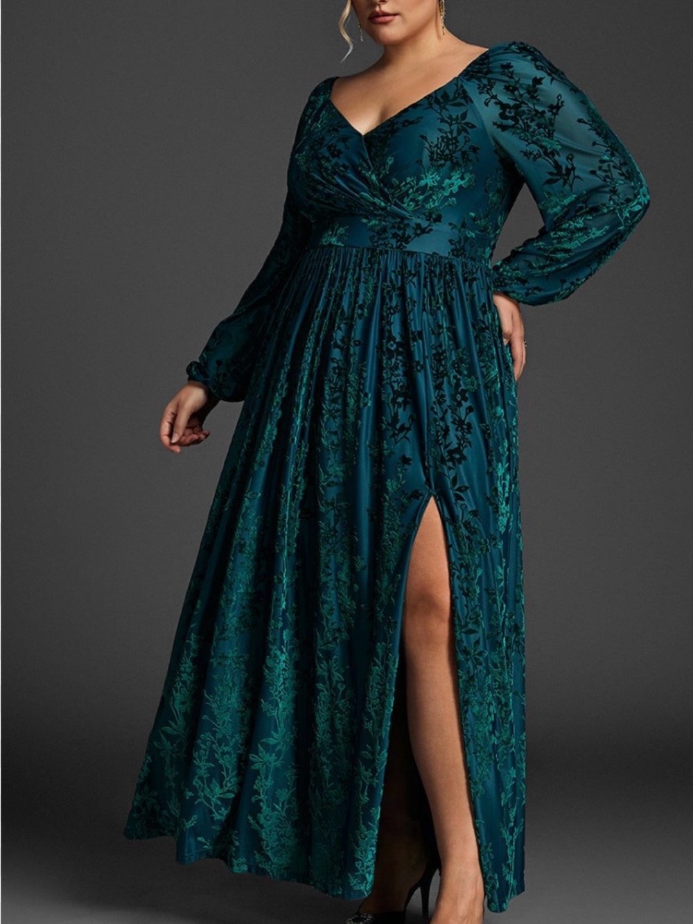 Curve Ins Emerald Green Burnout Velvet Floral Maxi Dress Long Sleeve Plus Size